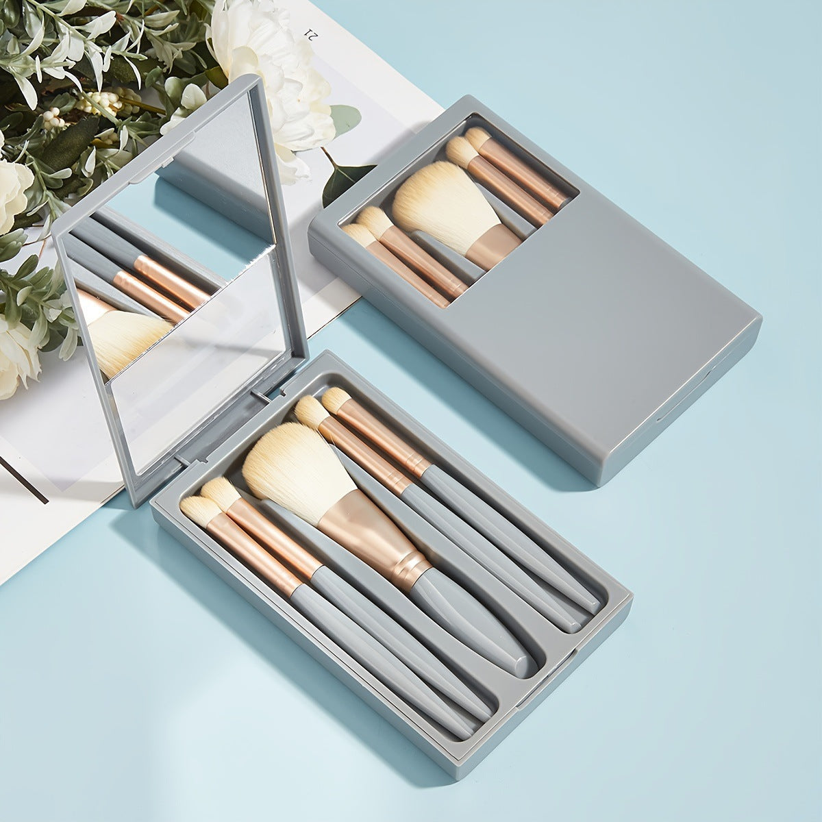 5-Piece Makeup Brush & Mirror Travel Set – Compact Beauty Kit for On-the-Go Touch-Ups