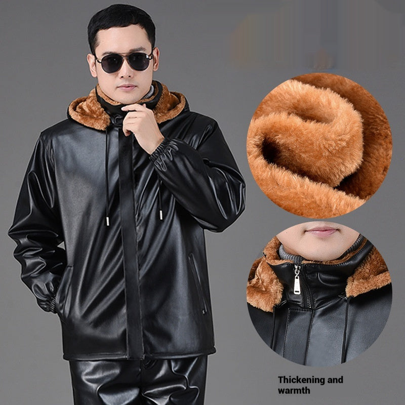 Men’s Thick Fleece-Lined Leather Coat – Wide-Cut Winter Warm Heavy Jacket