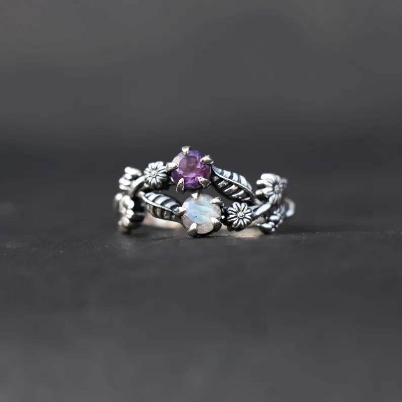 Royal Purple Blossom Gemstone Flower Ring for Women – Elegant Floral Crystal Jewelry
