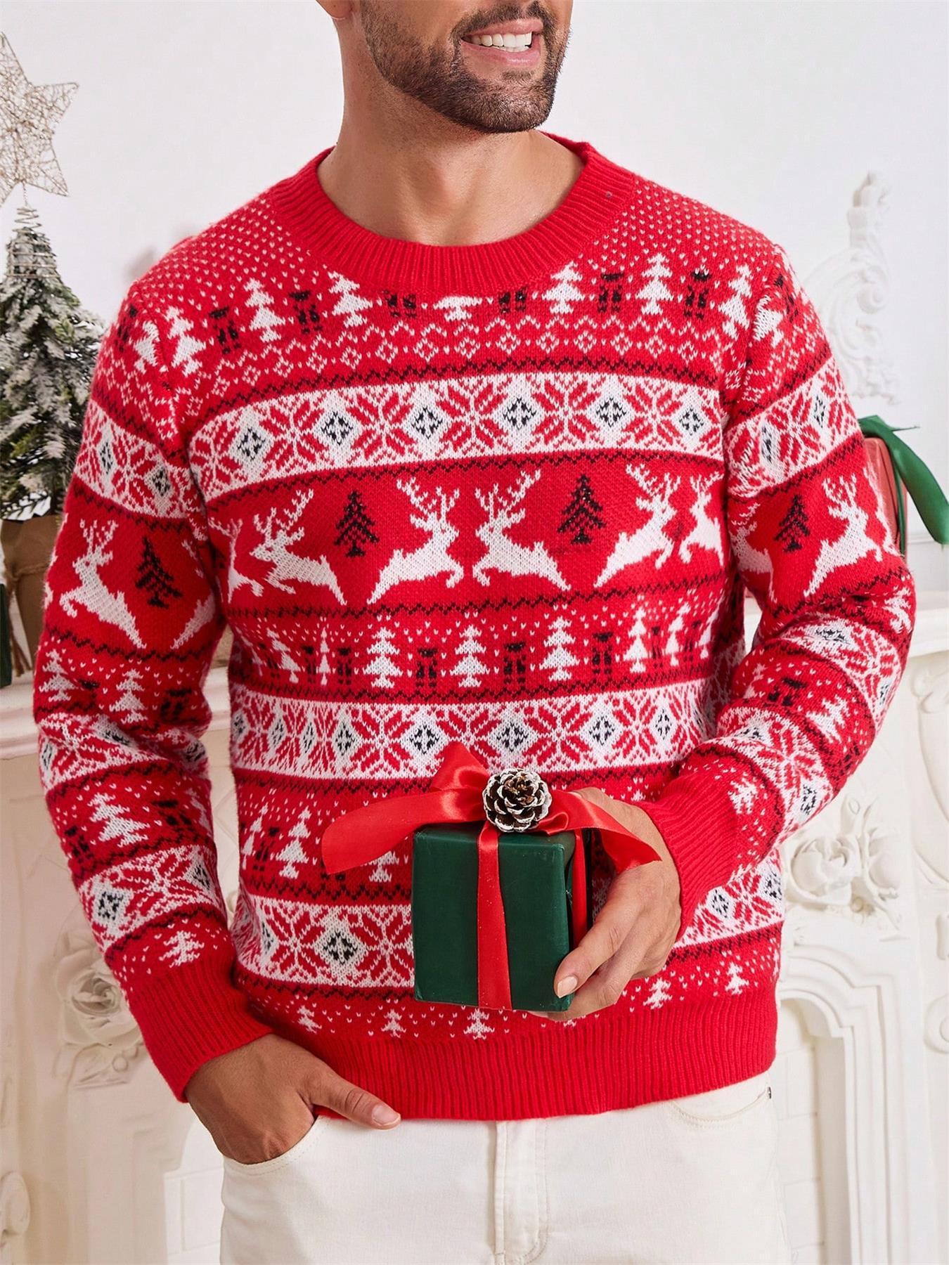 Men’s Christmas Jacquard Sweater – Round Neck Loose Fit Holiday Knitwear