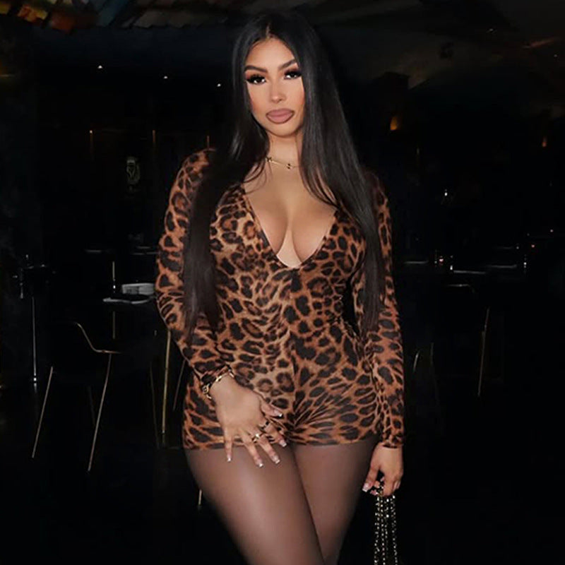 Sexy Leopard Print V-Neck Long Sleeve Tight Jumpsuit – Form-Fitting Bodysuit