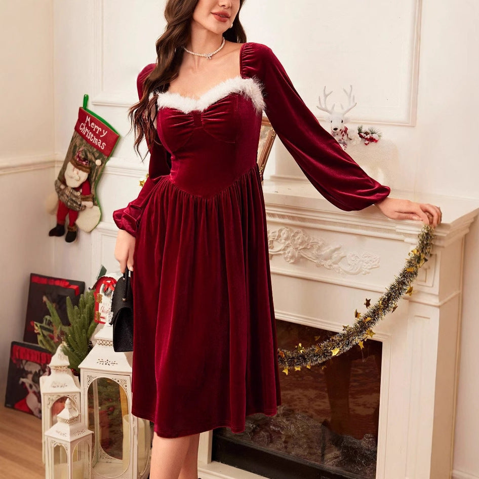 Women’s Vintage Velvet Christmas Party Dress – Long Sleeve Square Collar Slim Fit Holiday Dress
