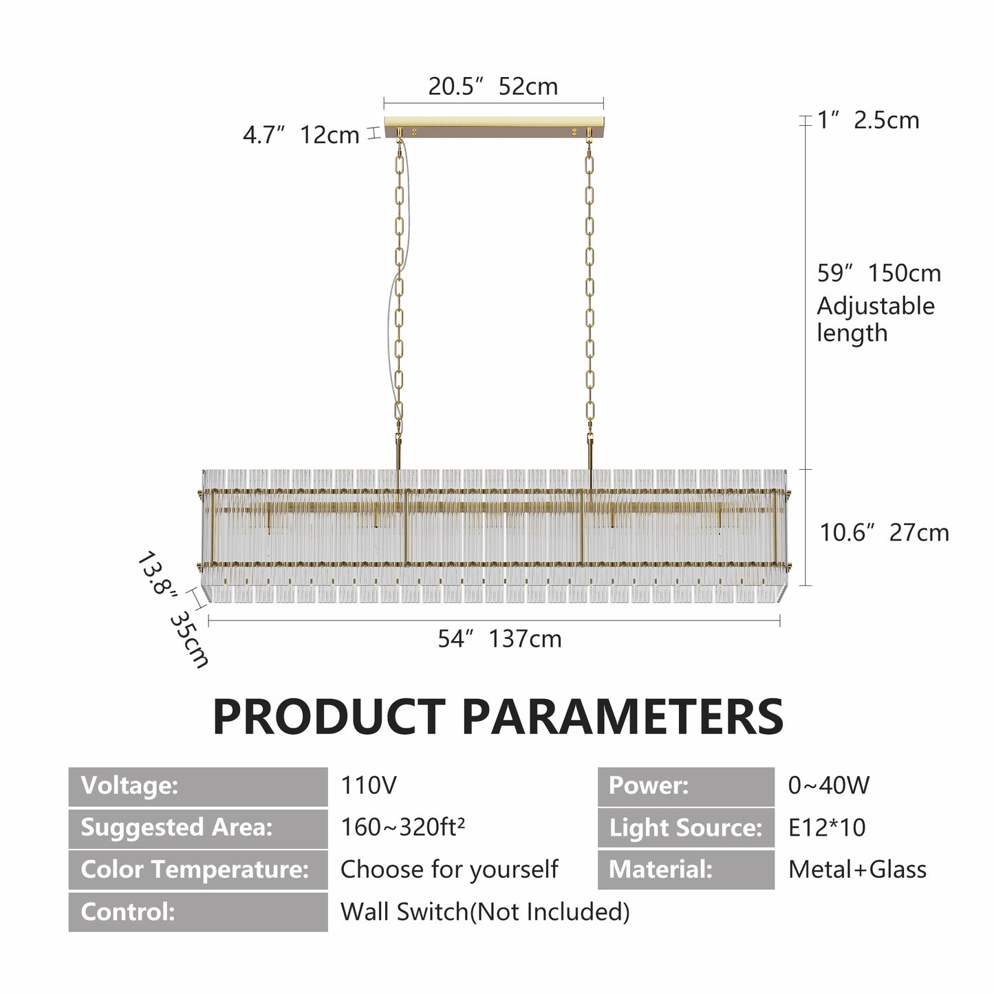 Modern Rectangular Crystal Glass Chandelier – 10-Light Gold Pendant Ceiling Light for Dining Room & Kitchen Island