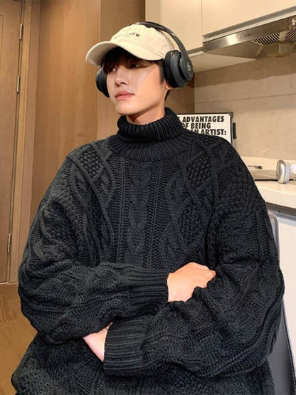 Japanese-Style Retro Green Jacquard Turtleneck Sweater – Cozy Vintage Knitwear for Men