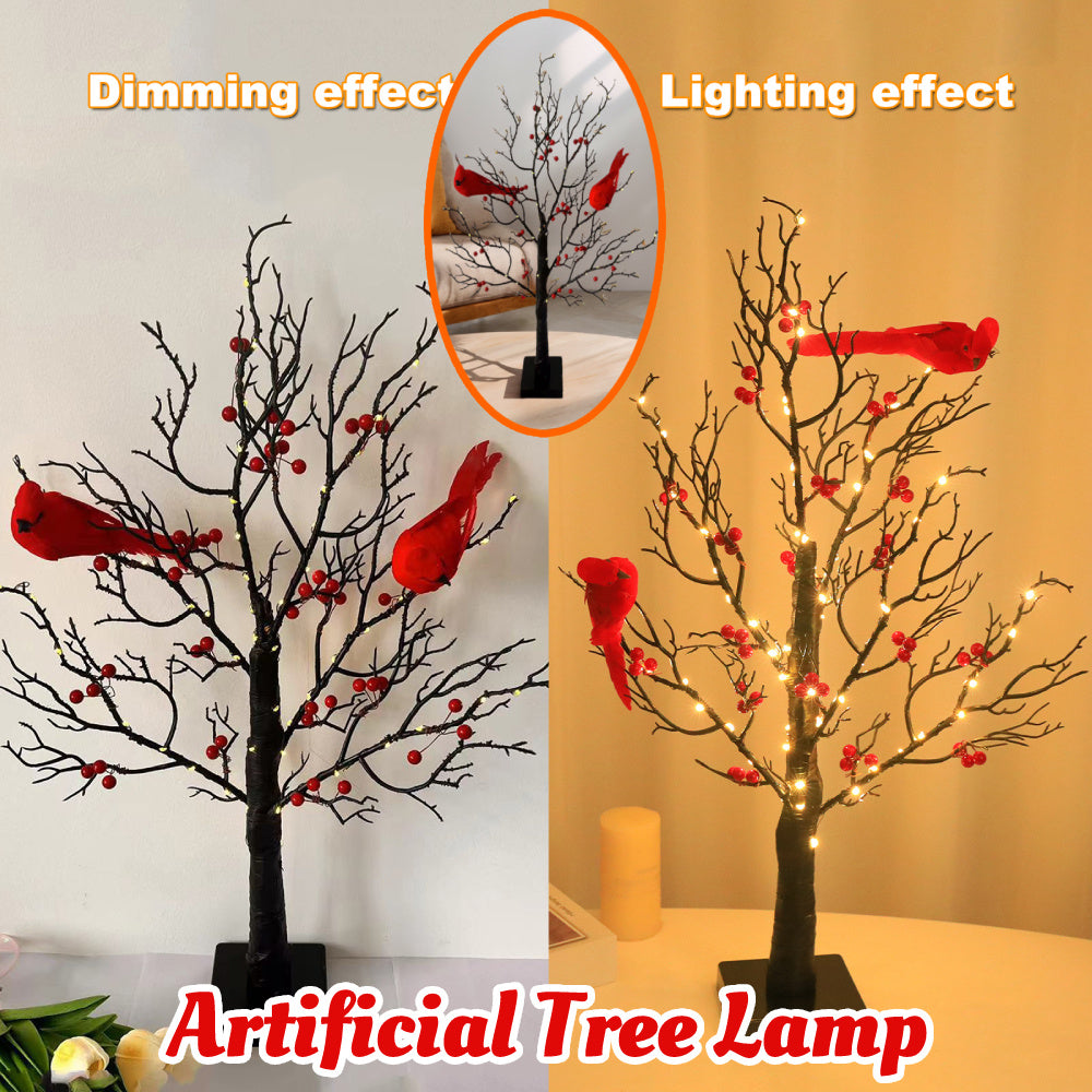 Mini Birch LED Christmas Tree with Cardinals – Holiday Table Decor
