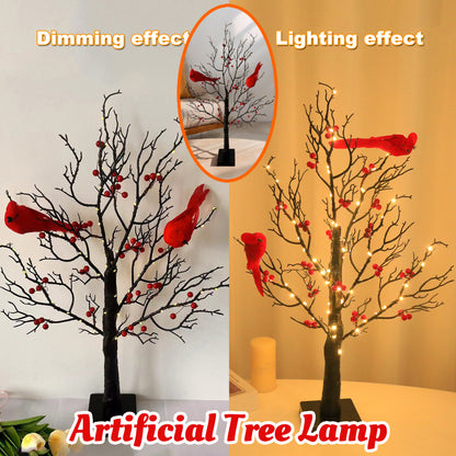 Mini Birch LED Christmas Tree with Cardinals – Holiday Table Decor