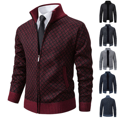 Men’s Winter Thickened Plaid Knit Jacket – Slim Fit Stand Collar Zipper Cardigan