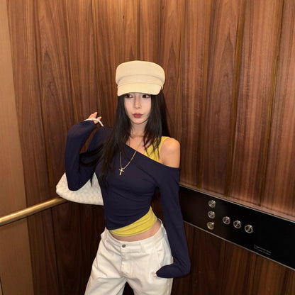 Women’s Autumn Slim Fit Fake Two-Piece Short Top – Stylish Layered Design