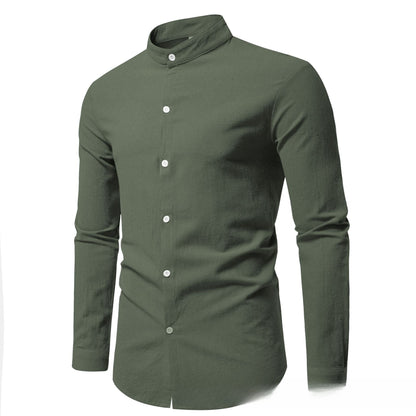 Men’s Stand-Up Collar Cotton Cardigan Shirt – Solid Color Casual Long Sleeve Top