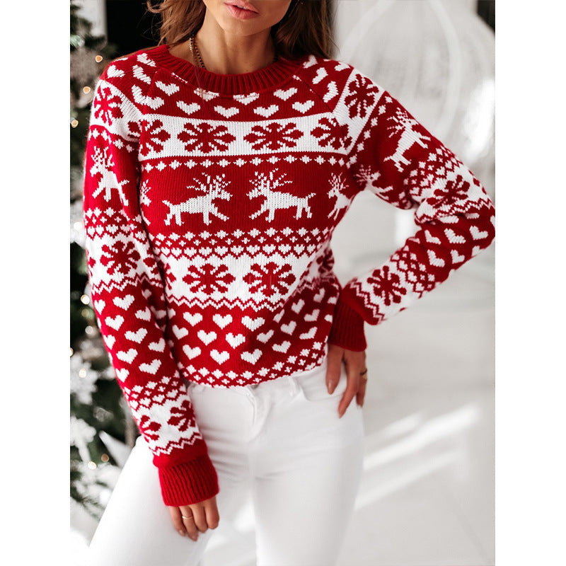 Women’s Christmas Elk & Snowflake Sweater – Cute Ugly Xmas Long Sleeve Knit Pullover | Soft Winter Jacquard Jumper