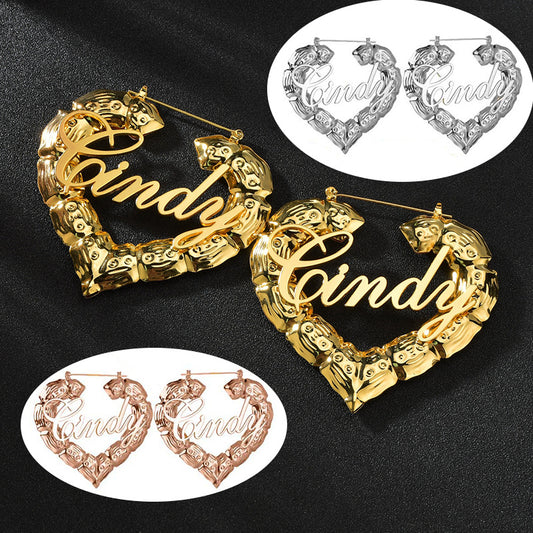 Women’s Bamboo Hoop Letter Earrings – “Queen” & “Love” Statement Dangle Fashion Jewelry