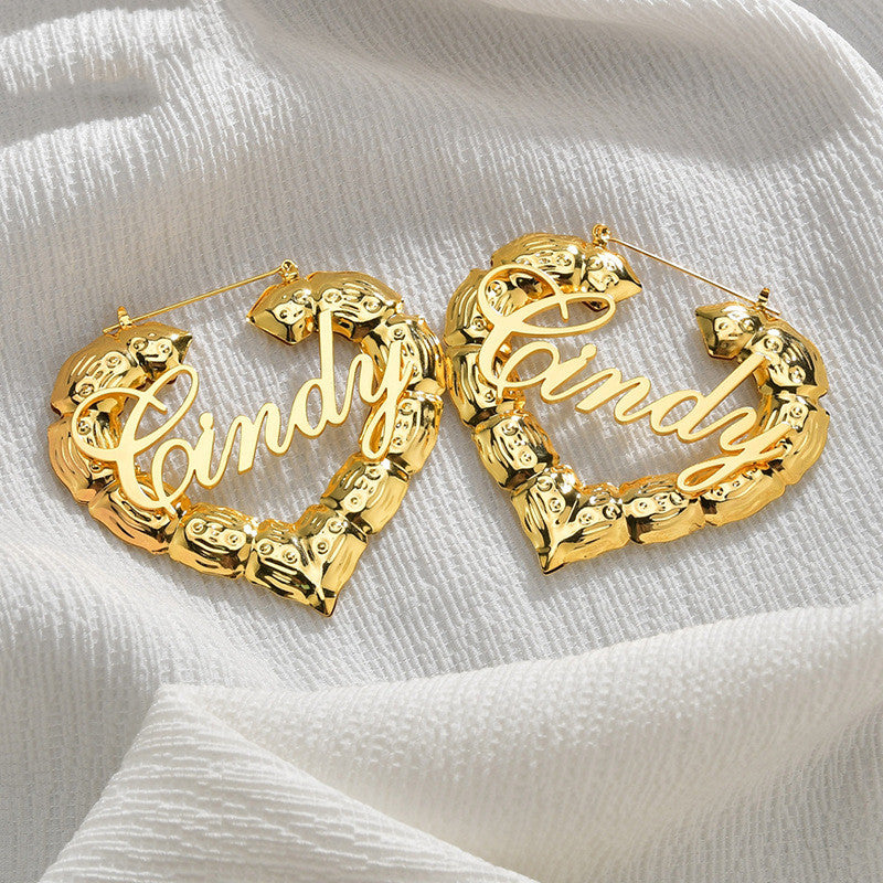 Women’s Bamboo Hoop Letter Earrings – “Queen” & “Love” Statement Dangle Fashion Jewelry