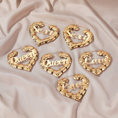 Women’s Bamboo Hoop Letter Earrings – “Queen” & “Love” Statement Dangle Fashion Jewelry