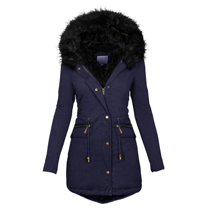 Women's Winter Plush Hooded Parka – Thick Warm Zip-Up Mid-Length Coat with Buckle & Pockets