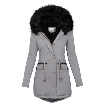 Women's Winter Plush Hooded Parka – Thick Warm Zip-Up Mid-Length Coat with Buckle & Pockets