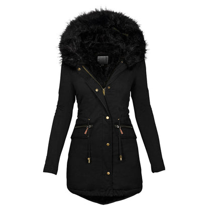 Women's Winter Plush Hooded Parka – Thick Warm Zip-Up Mid-Length Coat with Buckle & Pockets