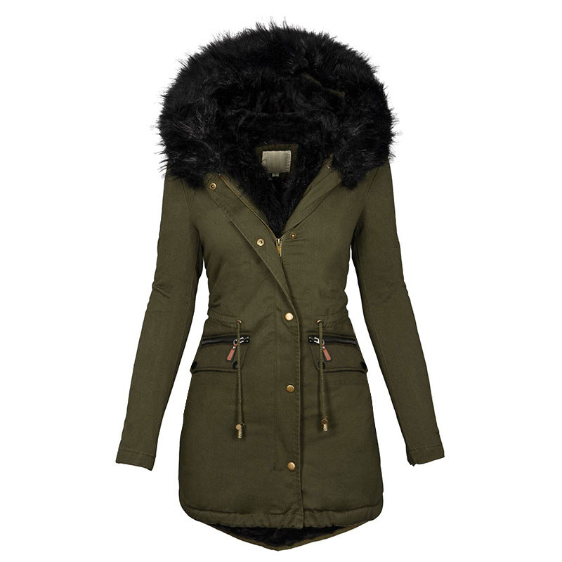 Women's Winter Plush Hooded Parka – Thick Warm Zip-Up Mid-Length Coat with Buckle & Pockets