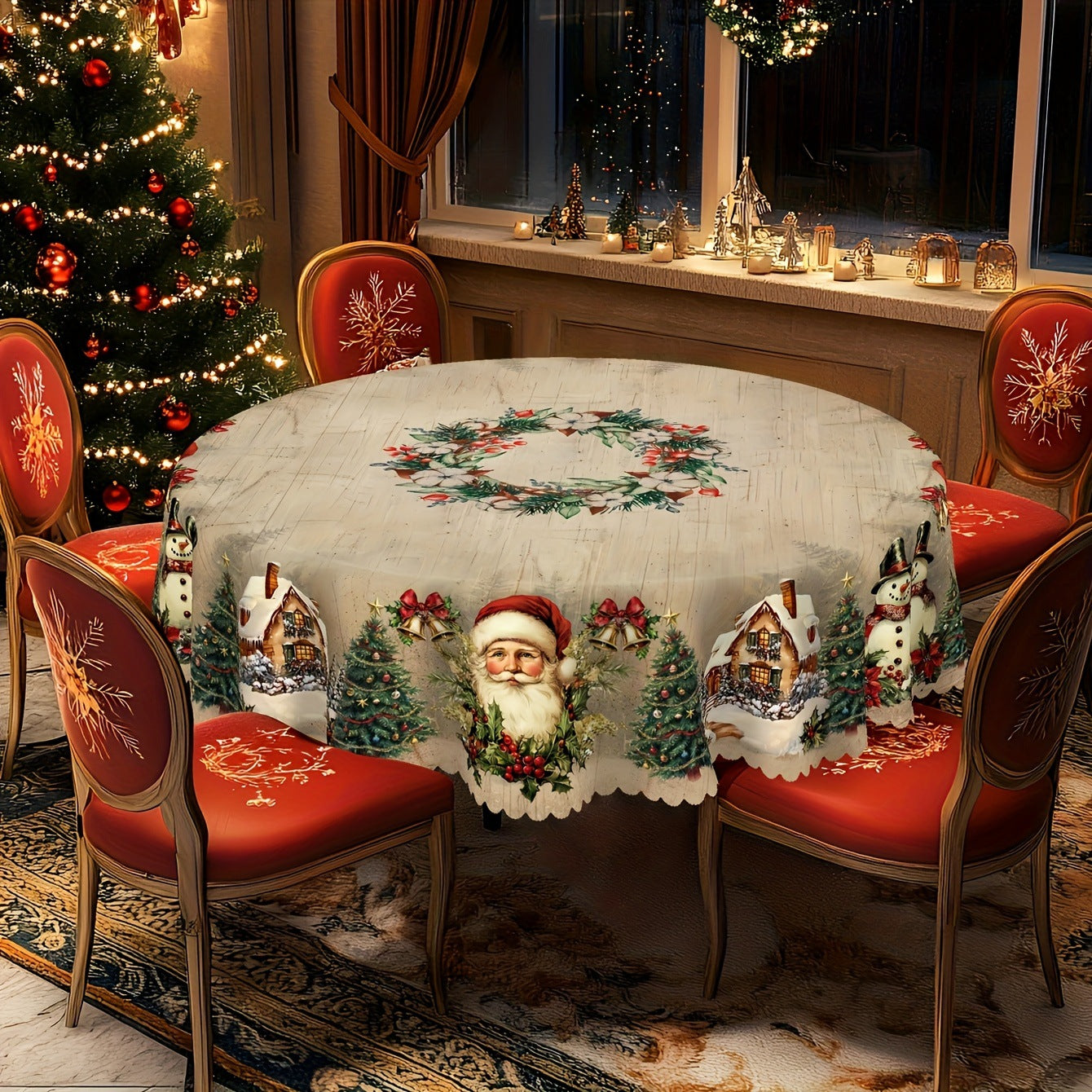 Christmas Round Tablecloth with Santa Claus – Festive Holiday Table Cover & Matching Table Flag