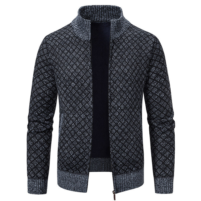Men’s Winter Thickened Plaid Knit Jacket – Slim Fit Stand Collar Zipper Cardigan