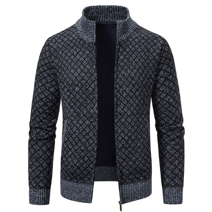 Men’s Winter Thickened Plaid Knit Jacket – Slim Fit Stand Collar Zipper Cardigan