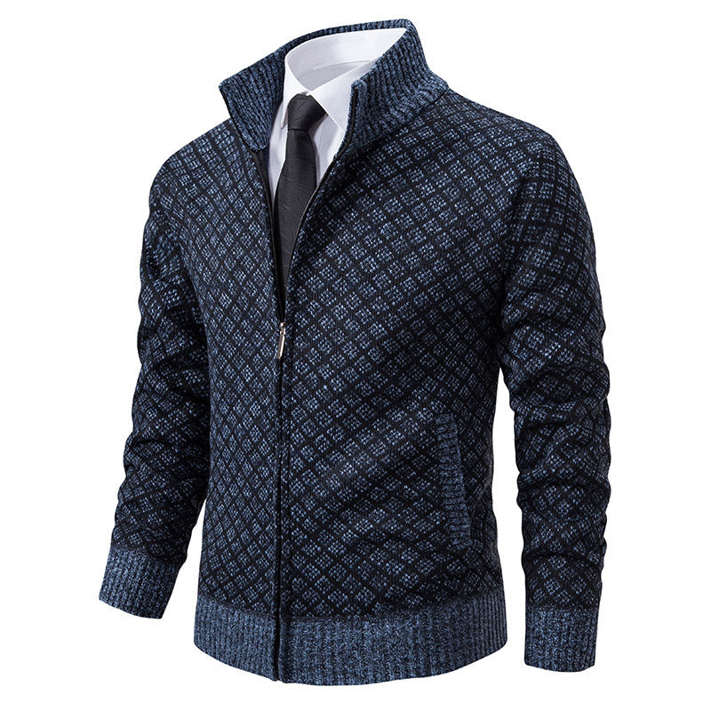 Men’s Winter Thickened Plaid Knit Jacket – Slim Fit Stand Collar Zipper Cardigan