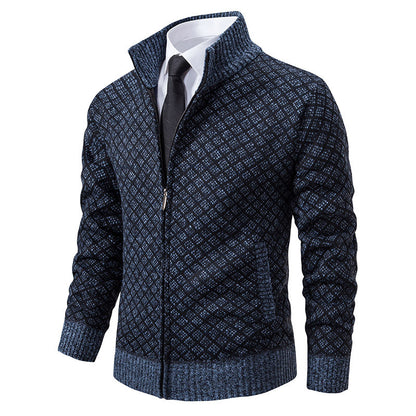 Men’s Winter Thickened Plaid Knit Jacket – Slim Fit Stand Collar Zipper Cardigan
