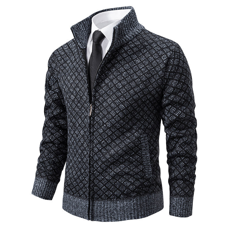 Men’s Winter Thickened Plaid Knit Jacket – Slim Fit Stand Collar Zipper Cardigan