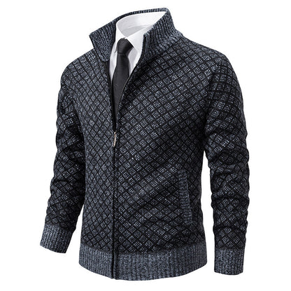 Men’s Winter Thickened Plaid Knit Jacket – Slim Fit Stand Collar Zipper Cardigan