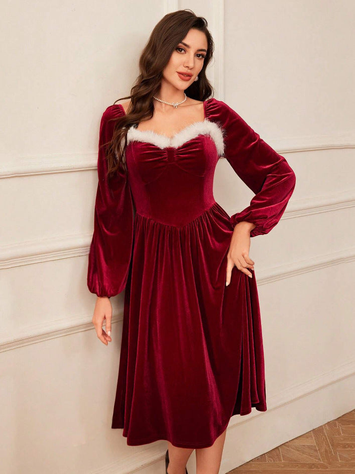 Women’s Vintage Velvet Christmas Party Dress – Long Sleeve Square Collar Slim Fit Holiday Dress
