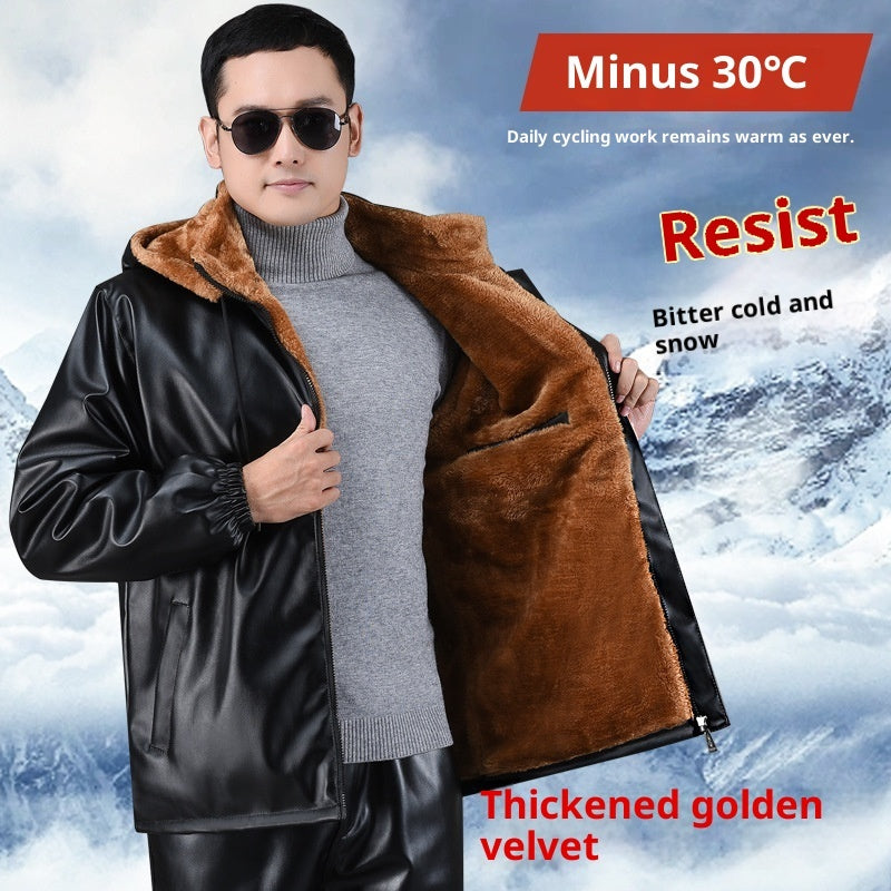 Men’s Thick Fleece-Lined Leather Coat – Wide-Cut Winter Warm Heavy Jacket