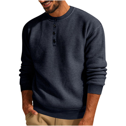 Men’s Solid Color Loose Waffle Henley Shirt – Casual Round Neck Long Sleeve Top