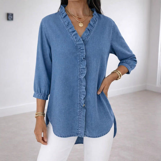 Women's Fashionable Casual Faux Denim V-Neck Shirt