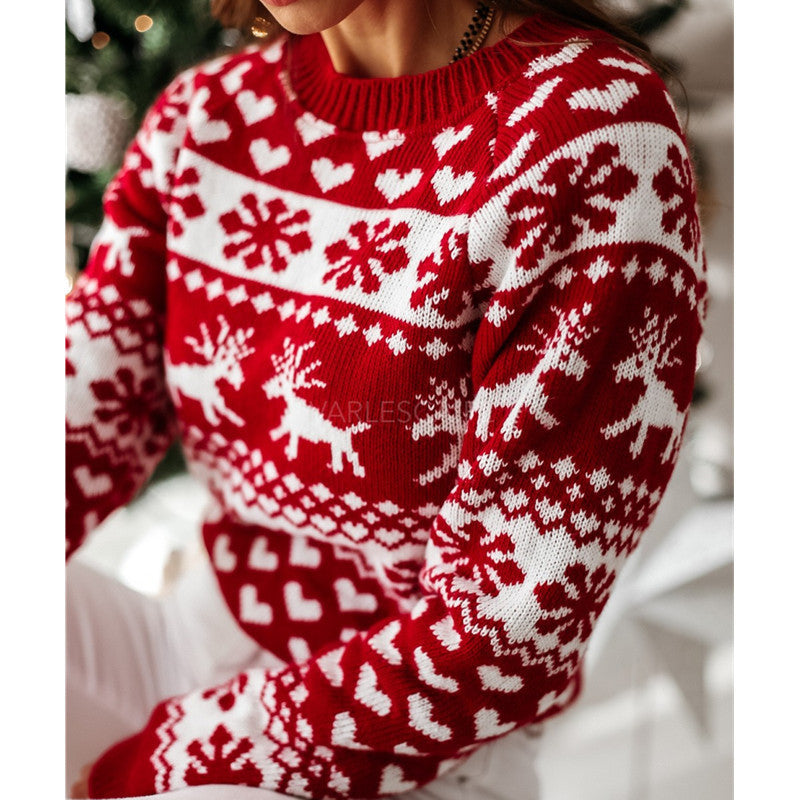 Women’s Christmas Elk & Snowflake Sweater – Cute Ugly Xmas Long Sleeve Knit Pullover | Soft Winter Jacquard Jumper