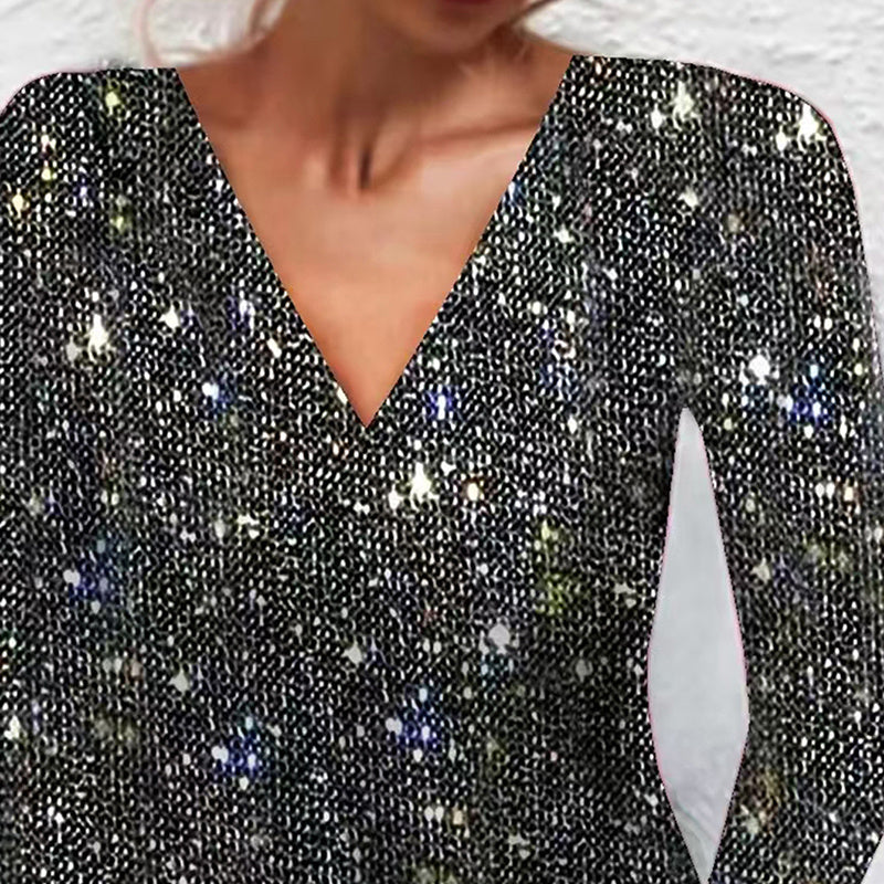Elegant V-Neck Sparkly A-Line Midi Dress – Women’s Sequin Long-Sleeve Party & Evening Dress