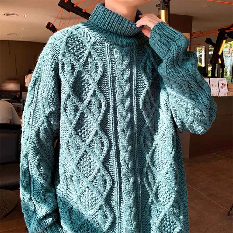 Japanese-Style Retro Green Jacquard Turtleneck Sweater – Cozy Vintage Knitwear for Men