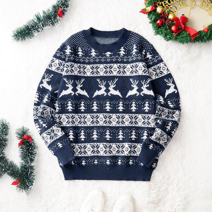 Men’s Christmas Jacquard Sweater – Round Neck Loose Fit Holiday Knitwear