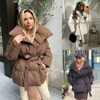 Winter Belted Cotton Jacket for Women – Thick, Warm, Fashion Lapel Coat