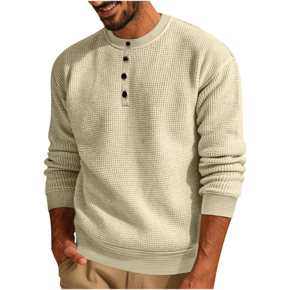Men’s Solid Color Loose Waffle Henley Shirt – Casual Round Neck Long Sleeve Top