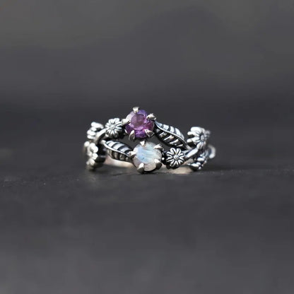 Royal Purple Blossom Gemstone Flower Ring for Women – Elegant Floral Crystal Jewelry