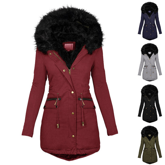 Women's Winter Plush Hooded Parka – Thick Warm Zip-Up Mid-Length Coat with Buckle & Pockets