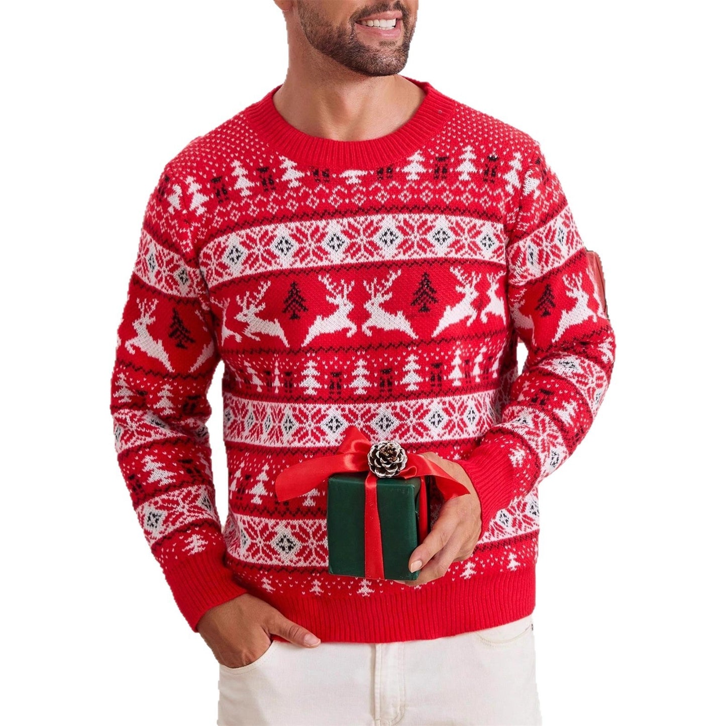 Men’s Christmas Jacquard Sweater – Round Neck Loose Fit Holiday Knitwear