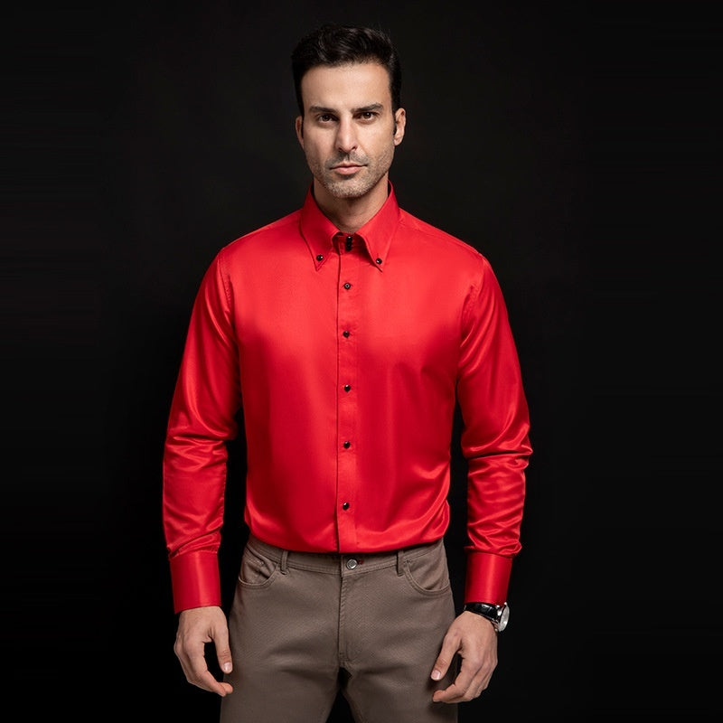 Spring/Autumn Men’s High-Neck Shirt with Crystal Button – Elegant Plain Slim Fit Top