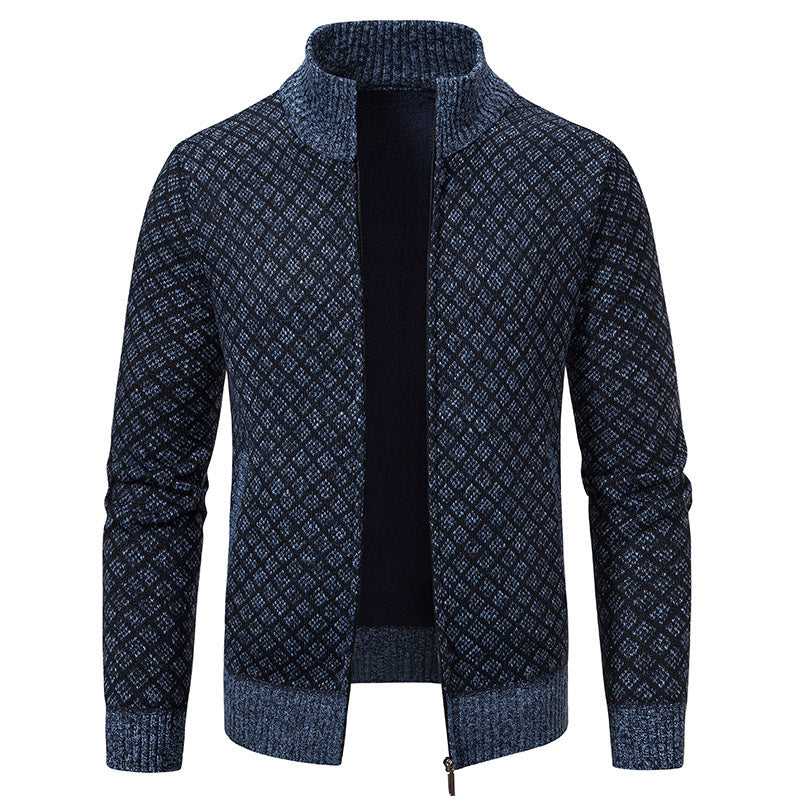 Men’s Winter Thickened Plaid Knit Jacket – Slim Fit Stand Collar Zipper Cardigan