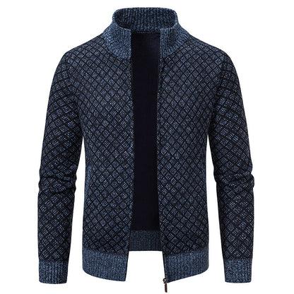 Men’s Winter Thickened Plaid Knit Jacket – Slim Fit Stand Collar Zipper Cardigan