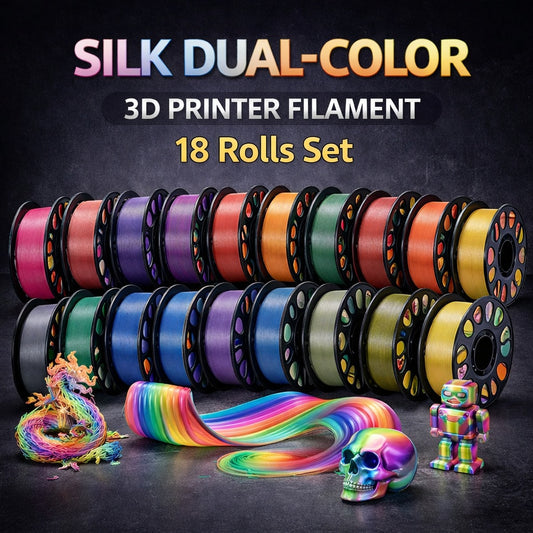 Dual Color Silk PLA Filament Set, 18 Rolls 3D Printer Filament Bundle, Glossy Shiny Finish, Smooth Printing Material