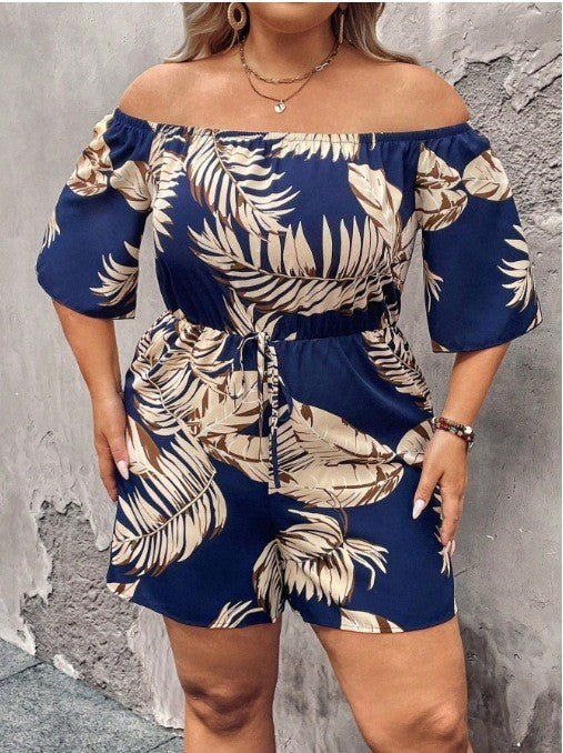 European And American-style Off-shoulder Plant-printed Waist-cinching Jumpsuit With Shorts