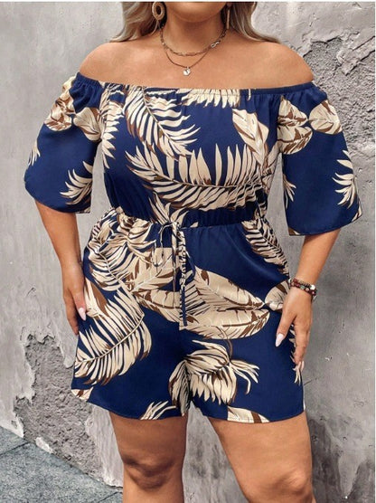 European And American-style Off-shoulder Plant-printed Waist-cinching Jumpsuit With Shorts