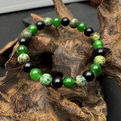 Men’s Casual Green Onyx & Obsidian Crystal Bracelet – Natural Stone Energy Jewelry