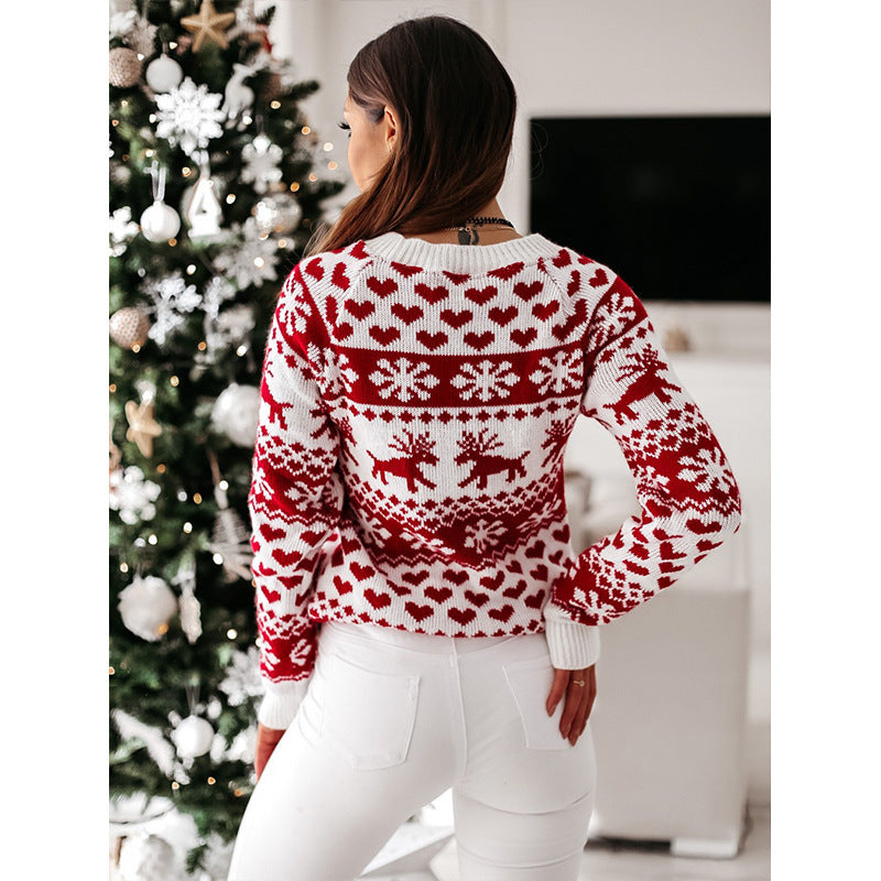 Women’s Christmas Elk & Snowflake Sweater – Cute Ugly Xmas Long Sleeve Knit Pullover | Soft Winter Jacquard Jumper