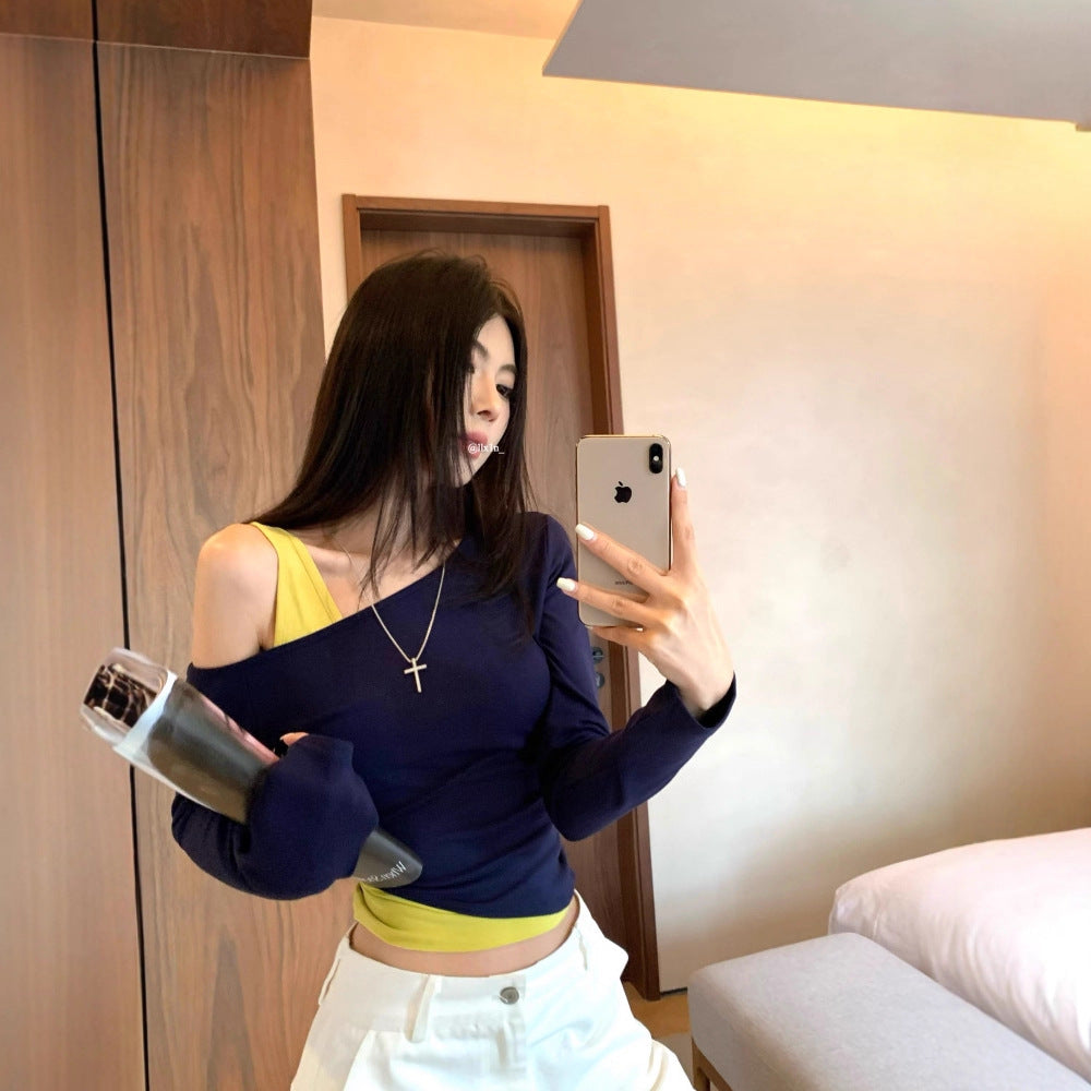 Women’s Autumn Slim Fit Fake Two-Piece Short Top – Stylish Layered Design